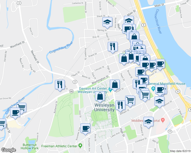 map of restaurants, bars, coffee shops, grocery stores, and more near 16 Park Place in Middletown