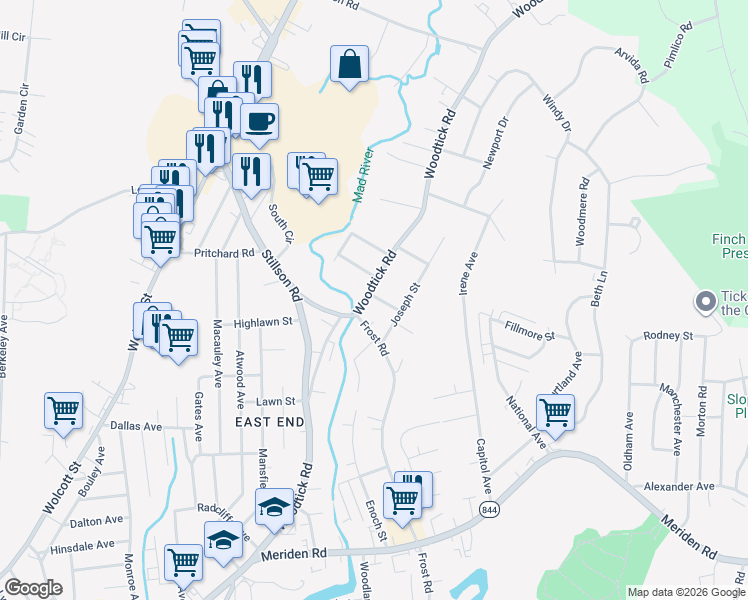 map of restaurants, bars, coffee shops, grocery stores, and more near 494 Woodtick Road in Waterbury