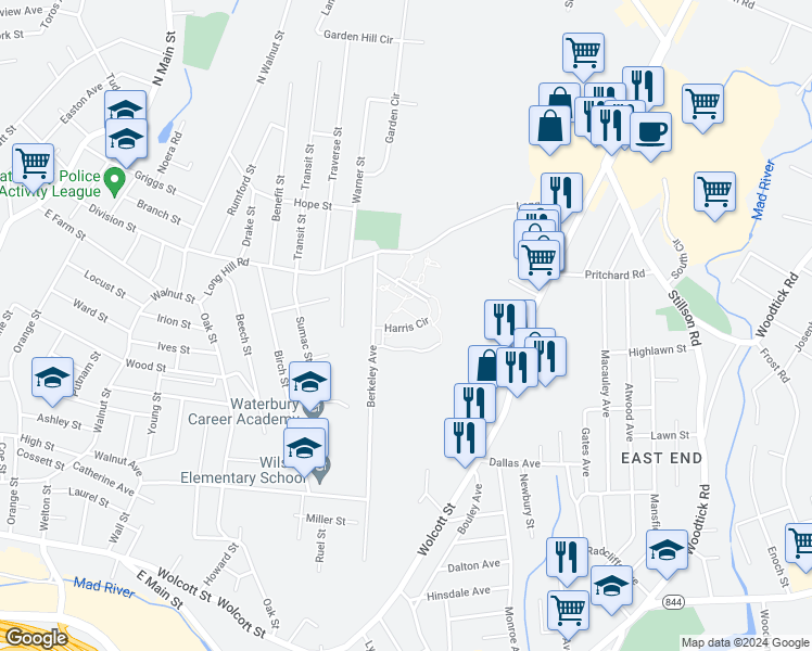 map of restaurants, bars, coffee shops, grocery stores, and more near 171 Harris Circle in Waterbury