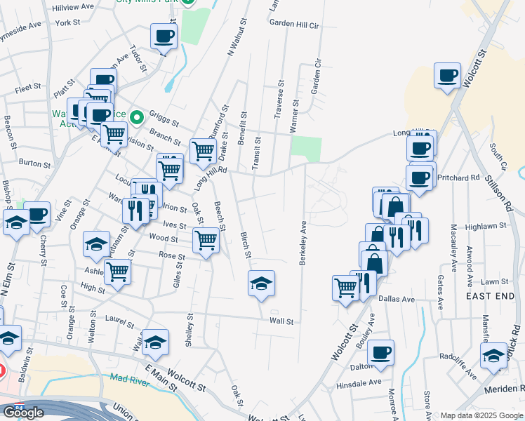 map of restaurants, bars, coffee shops, grocery stores, and more near 61 Sumac Street in Waterbury