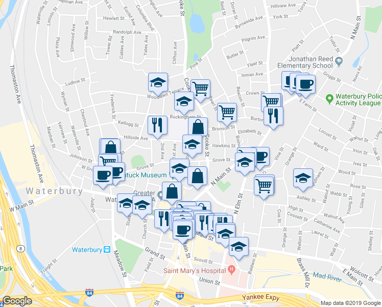 map of restaurants, bars, coffee shops, grocery stores, and more near 96 Grove Street in Waterbury