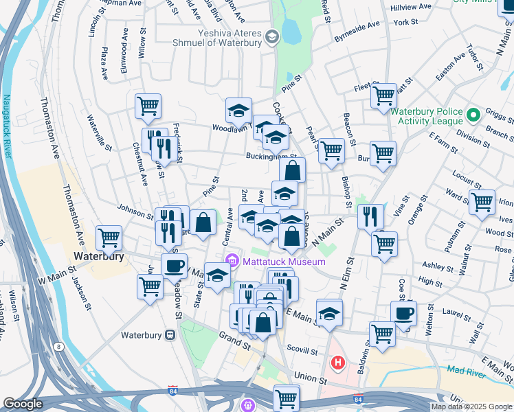 map of restaurants, bars, coffee shops, grocery stores, and more near 12 1st Avenue in Waterbury