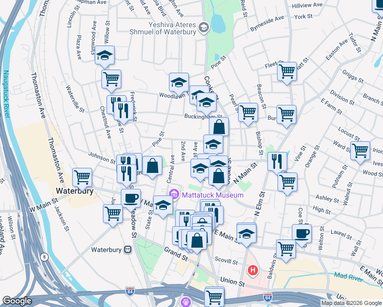 map of restaurants, bars, coffee shops, grocery stores, and more near 12 1st Avenue in Waterbury
