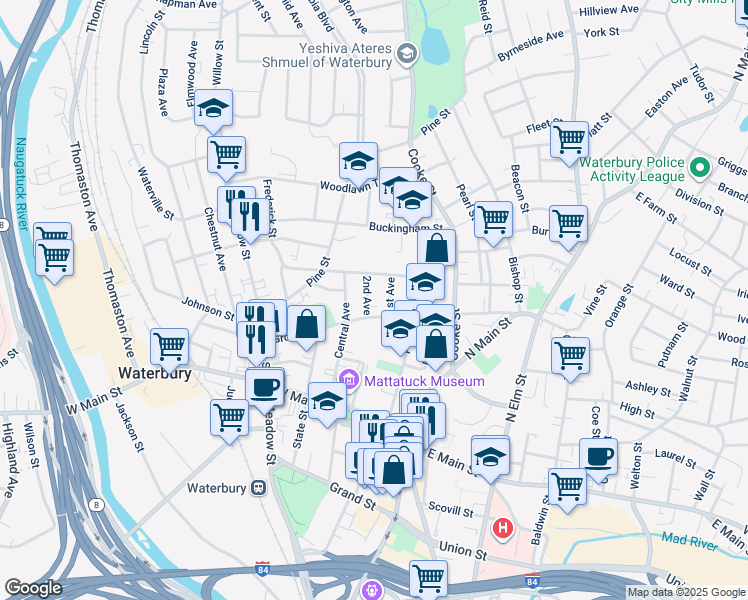 map of restaurants, bars, coffee shops, grocery stores, and more near 17 2nd Avenue in Waterbury
