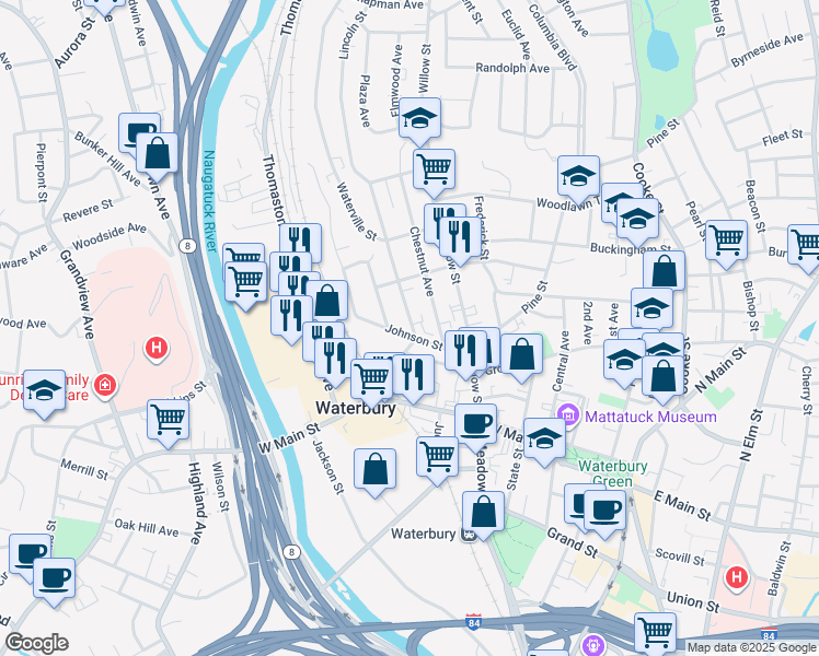 map of restaurants, bars, coffee shops, grocery stores, and more near in Waterbury
