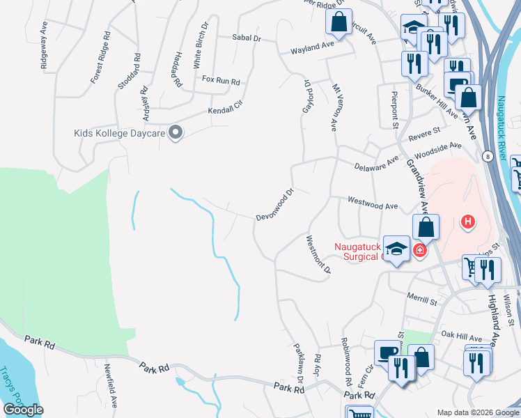 map of restaurants, bars, coffee shops, grocery stores, and more near 102 Devonwood Drive in Waterbury