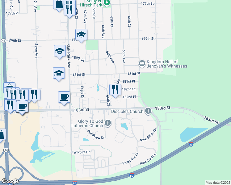 map of restaurants, bars, coffee shops, grocery stores, and more near 6519 182nd Street in Tinley Park