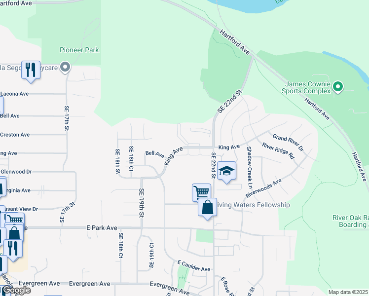 map of restaurants, bars, coffee shops, grocery stores, and more near 2051 King Avenue in Des Moines