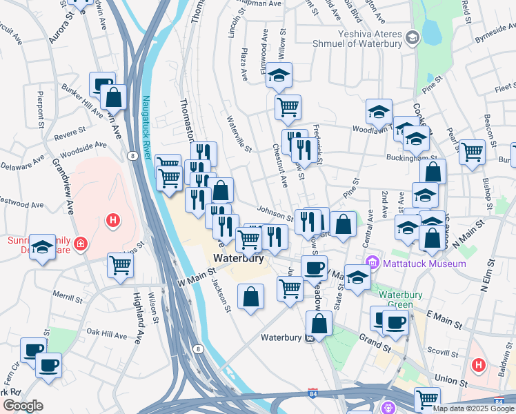 map of restaurants, bars, coffee shops, grocery stores, and more near 95 Johnson St in Waterbury