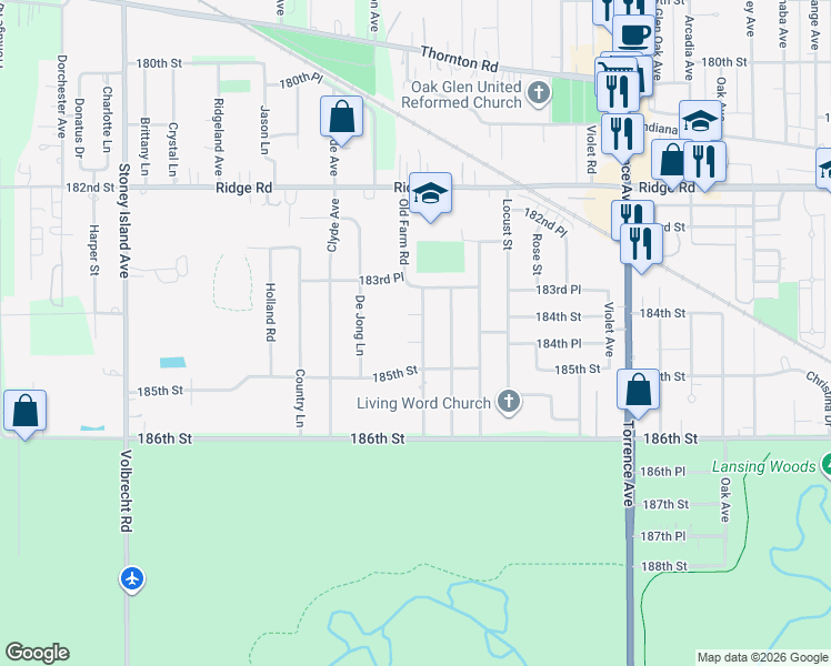 map of restaurants, bars, coffee shops, grocery stores, and more near 18410 Old Farm Road in Lansing