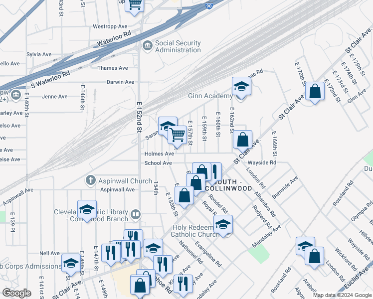 map of restaurants, bars, coffee shops, grocery stores, and more near 15621 Holmes Ave in Cleveland