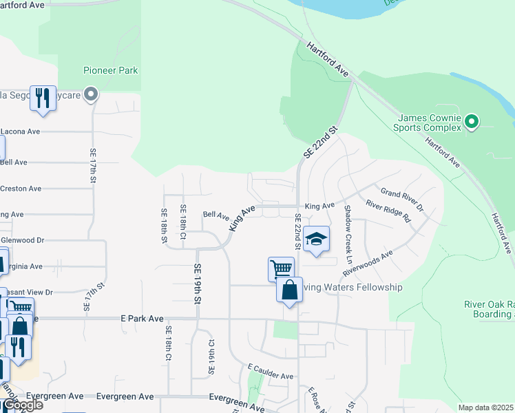 map of restaurants, bars, coffee shops, grocery stores, and more near 2051 King Avenue in Des Moines
