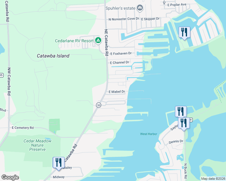 map of restaurants, bars, coffee shops, grocery stores, and more near 5455 East Mabel Drive in Port Clinton