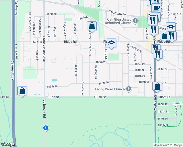 map of restaurants, bars, coffee shops, grocery stores, and more near 18419 Clyde Avenue in Lansing