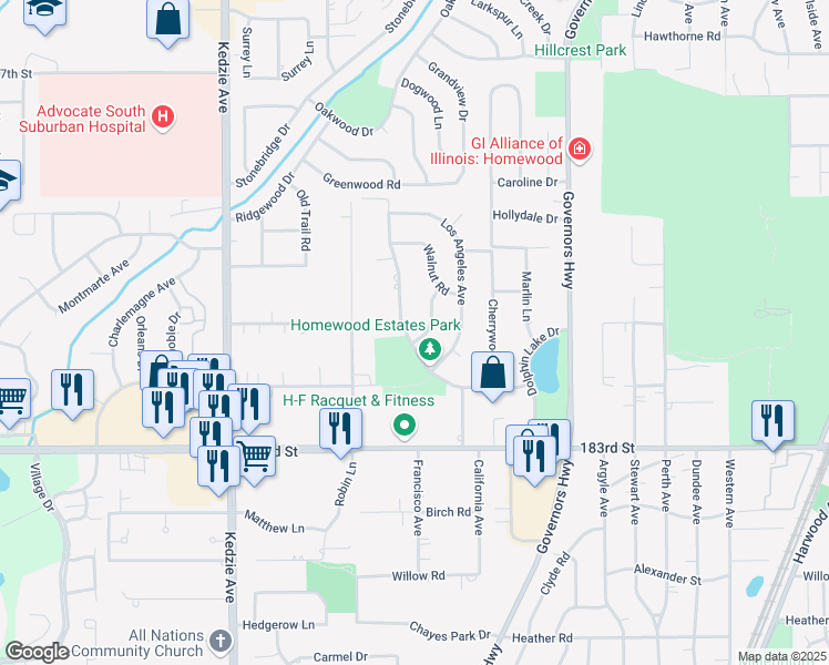 map of restaurants, bars, coffee shops, grocery stores, and more near 18132 San Diego Avenue in Homewood