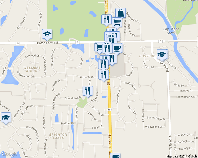 map of restaurants, bars, coffee shops, grocery stores, and more near 2108 Olde Mill Road in Plainfield