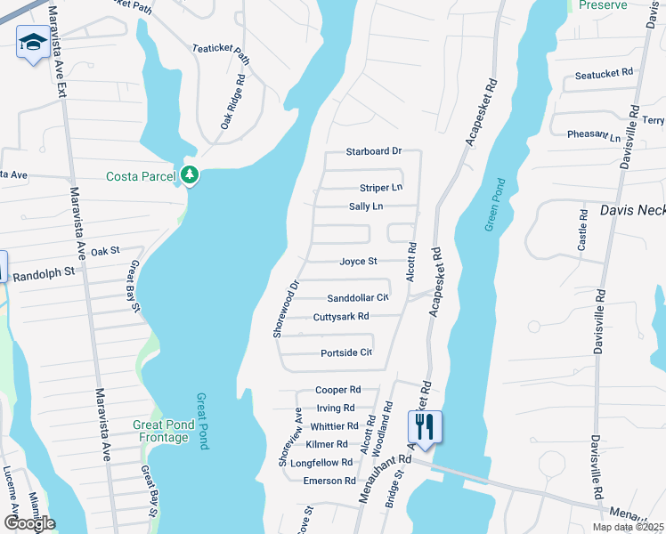 map of restaurants, bars, coffee shops, grocery stores, and more near 17 Joyce Street in Falmouth