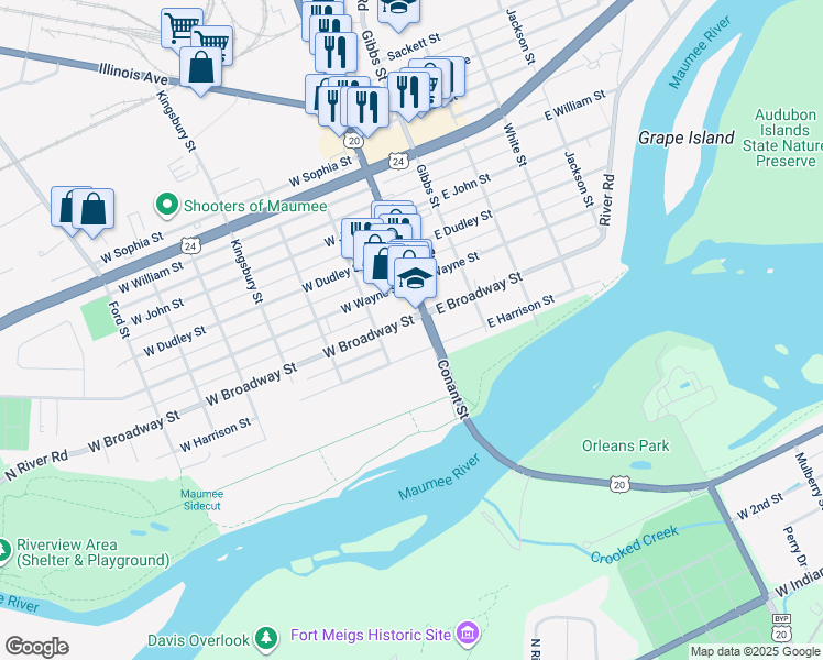 map of restaurants, bars, coffee shops, grocery stores, and more near 104 W Broadway St in Maumee