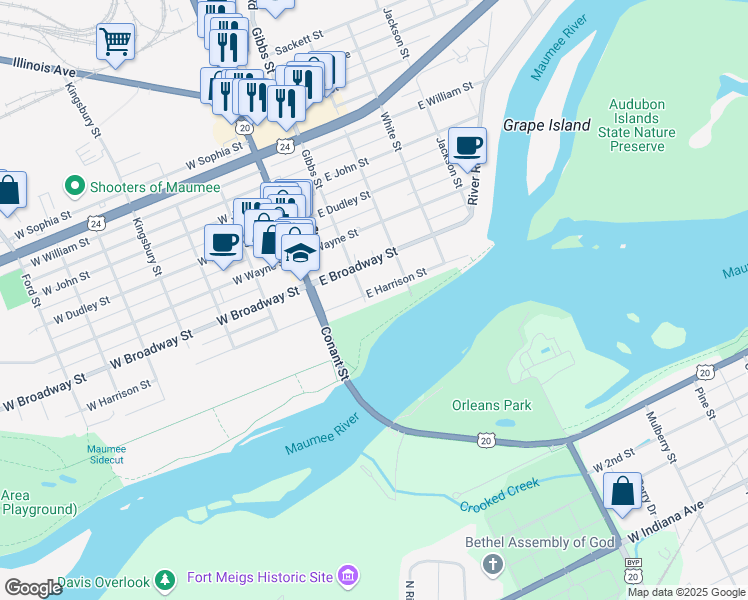 map of restaurants, bars, coffee shops, grocery stores, and more near 202 East Harrison Street in Maumee