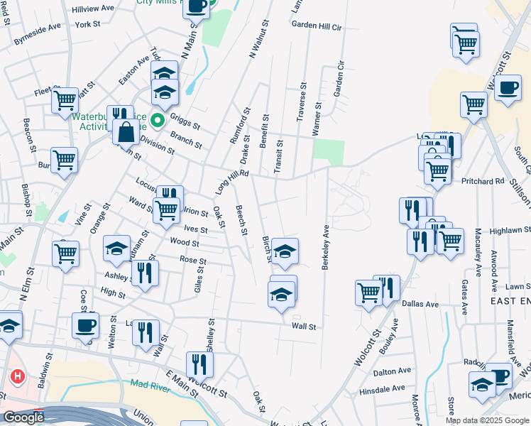 map of restaurants, bars, coffee shops, grocery stores, and more near 69 Birch Street in Waterbury