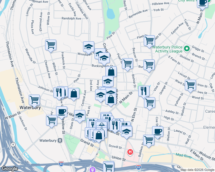map of restaurants, bars, coffee shops, grocery stores, and more near 96 Grove Street in Waterbury