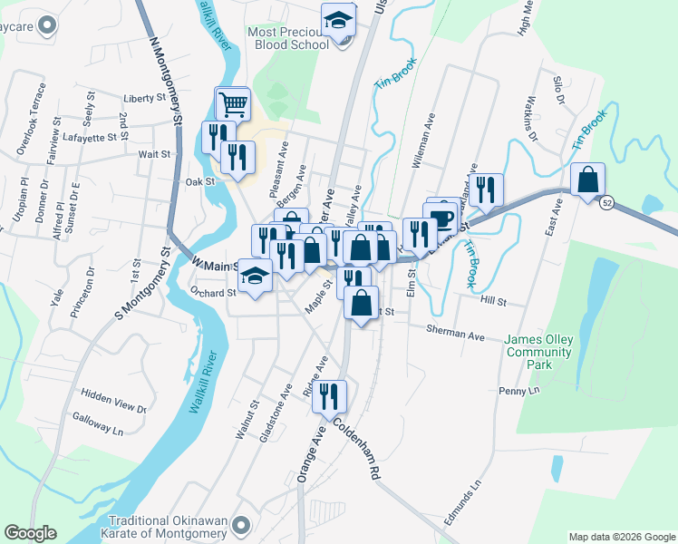 map of restaurants, bars, coffee shops, grocery stores, and more near 1 Orange Avenue in Walden