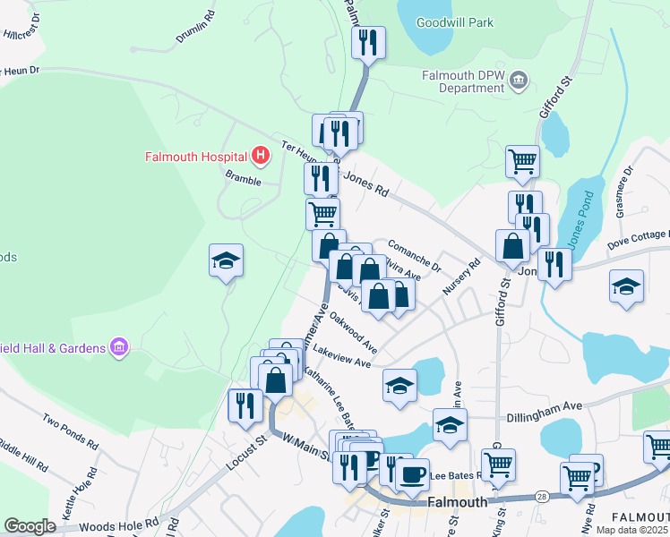 map of restaurants, bars, coffee shops, grocery stores, and more near 285 Palmer Avenue in Falmouth