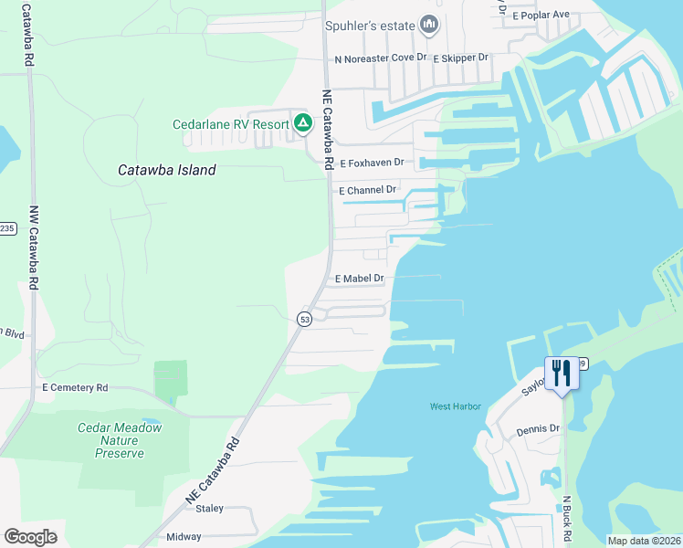 map of restaurants, bars, coffee shops, grocery stores, and more near 5455 East Mabel Drive in Port Clinton
