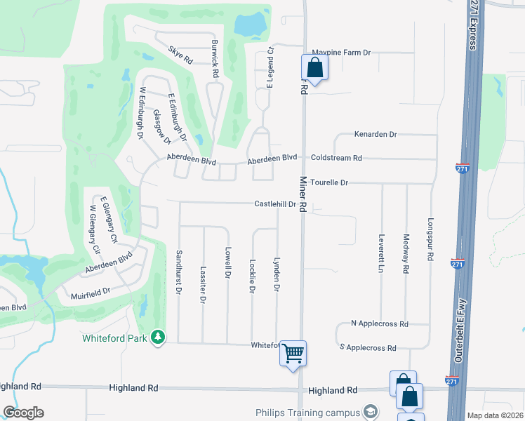 map of restaurants, bars, coffee shops, grocery stores, and more near 6074 Castlehill Drive in Highland Heights