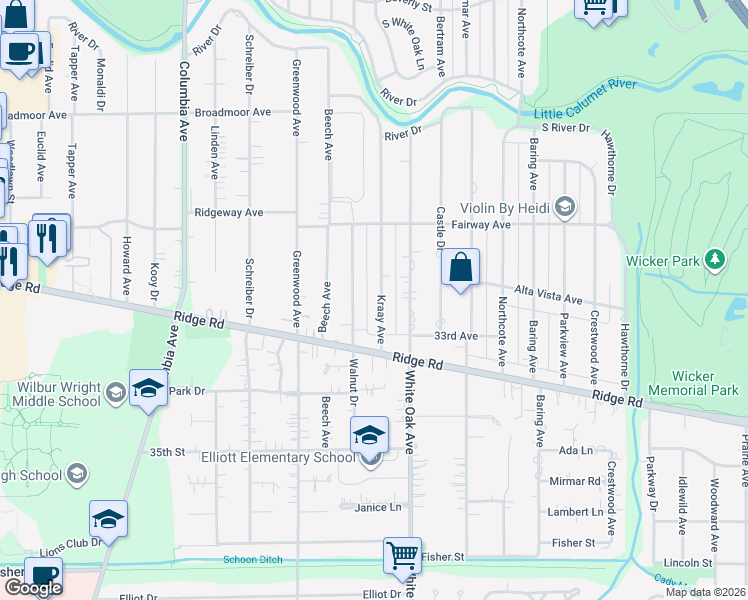 map of restaurants, bars, coffee shops, grocery stores, and more near 8416 Kraay Avenue in Munster