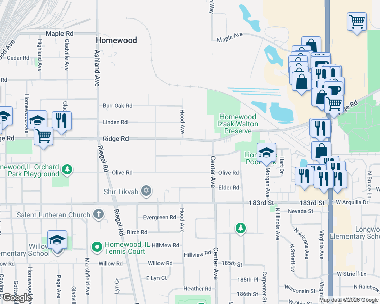 map of restaurants, bars, coffee shops, grocery stores, and more near 1252 Hickory Road in Homewood