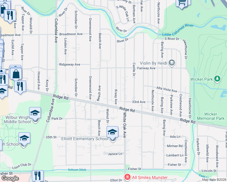 map of restaurants, bars, coffee shops, grocery stores, and more near 8416 Kraay Avenue in Munster