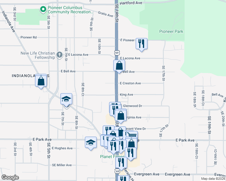 map of restaurants, bars, coffee shops, grocery stores, and more near 2740 Southeast 14th Street in Des Moines