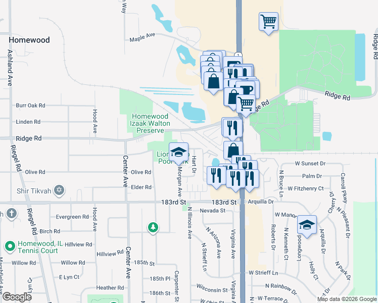 map of restaurants, bars, coffee shops, grocery stores, and more near 18223 Hart Drive in Homewood