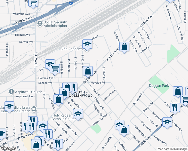 map of restaurants, bars, coffee shops, grocery stores, and more near 16412 Saint Clair Avenue in Cleveland