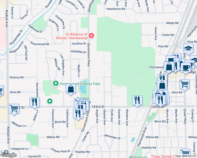 map of restaurants, bars, coffee shops, grocery stores, and more near 18105 Rockwell Avenue in Homewood