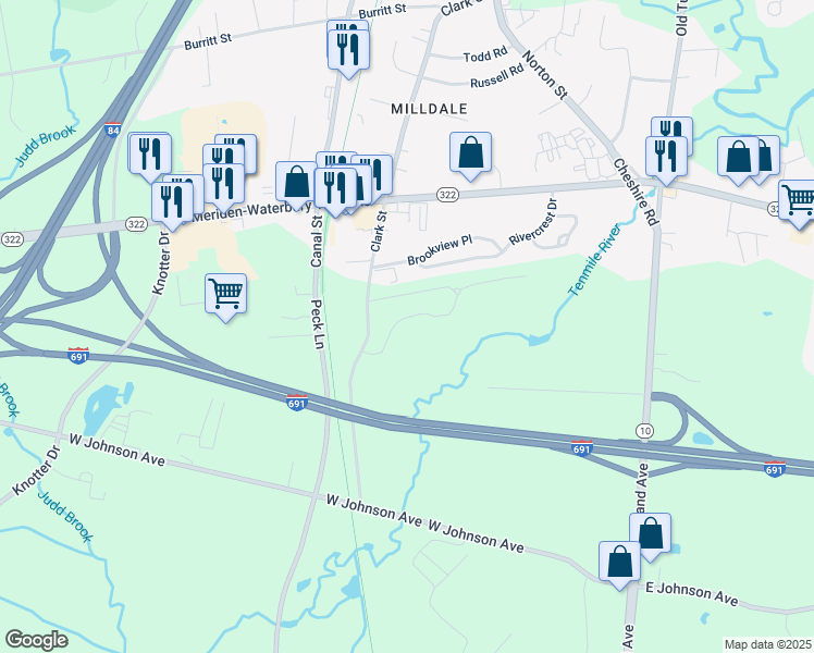 map of restaurants, bars, coffee shops, grocery stores, and more near 352 Clark Street in Southington