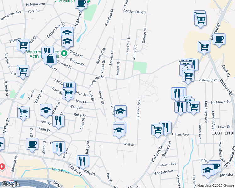 map of restaurants, bars, coffee shops, grocery stores, and more near 69 Birch Street in Waterbury