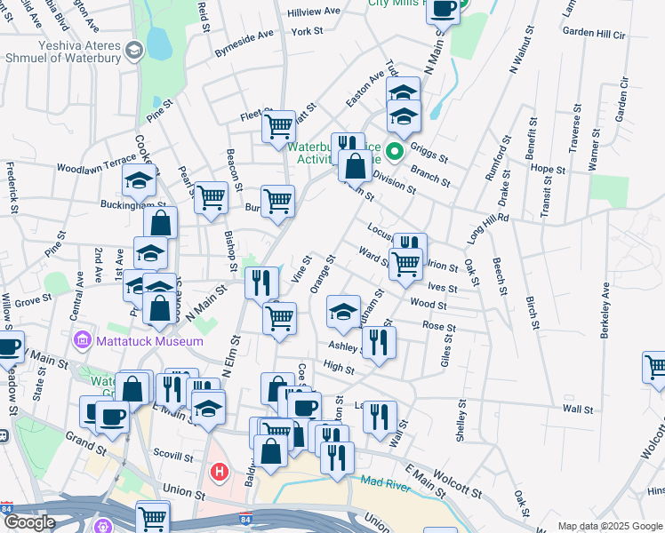 map of restaurants, bars, coffee shops, grocery stores, and more near 48 Wood Street in Waterbury
