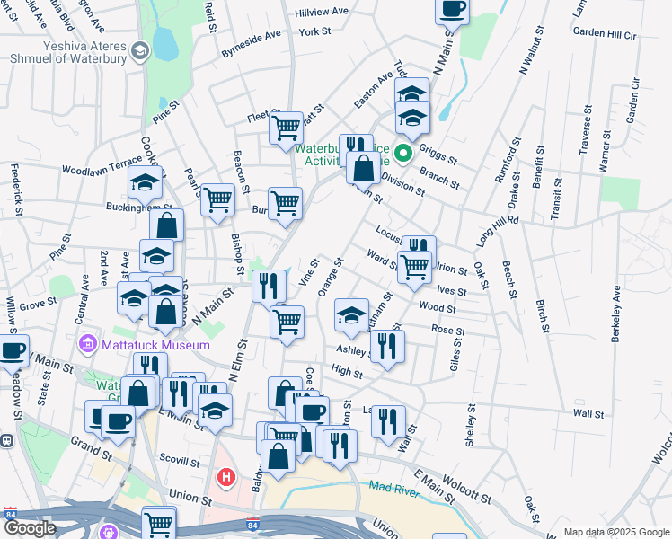 map of restaurants, bars, coffee shops, grocery stores, and more near 60 Vine Street in Waterbury