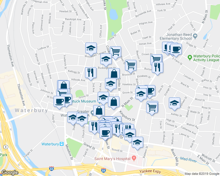 map of restaurants, bars, coffee shops, grocery stores, and more near 96 Grove Street in Waterbury