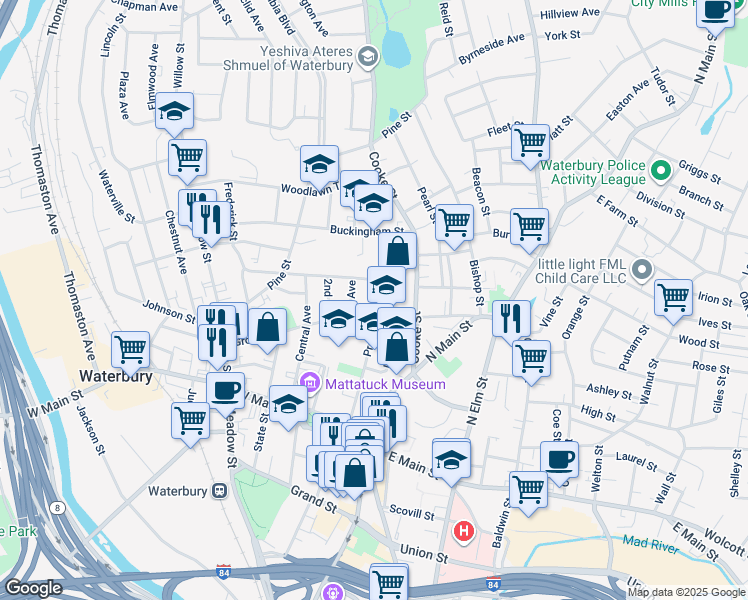 map of restaurants, bars, coffee shops, grocery stores, and more near 12 1st Avenue in Waterbury