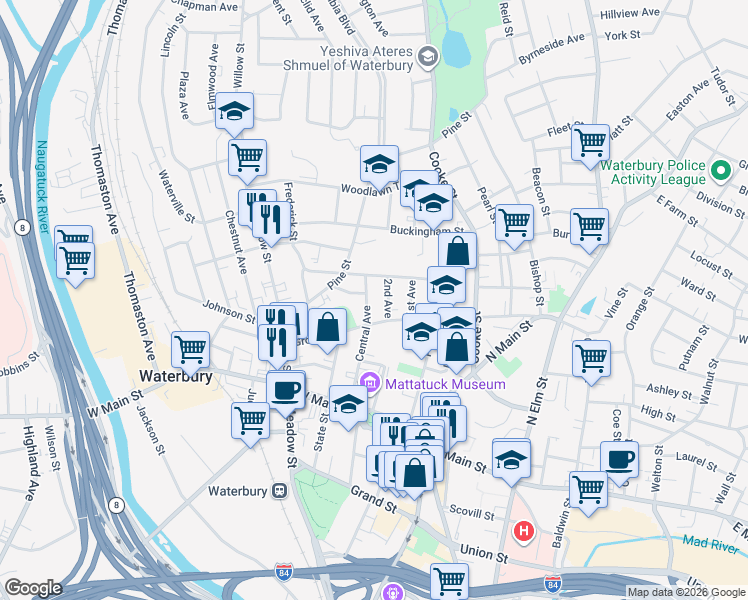 map of restaurants, bars, coffee shops, grocery stores, and more near 17 2nd Avenue in Waterbury