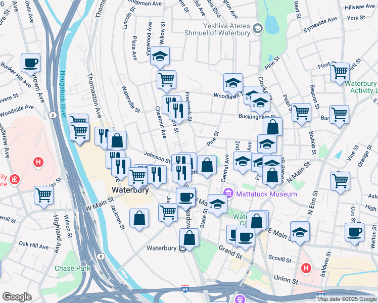 map of restaurants, bars, coffee shops, grocery stores, and more near 100 Willow Street in Waterbury