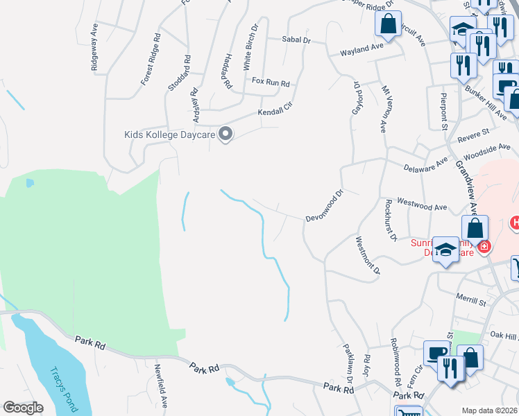 map of restaurants, bars, coffee shops, grocery stores, and more near 181 Devonwood Drive in Waterbury
