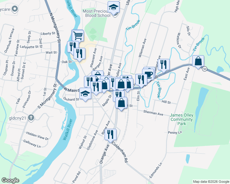 map of restaurants, bars, coffee shops, grocery stores, and more near 1 Orange Avenue in Walden