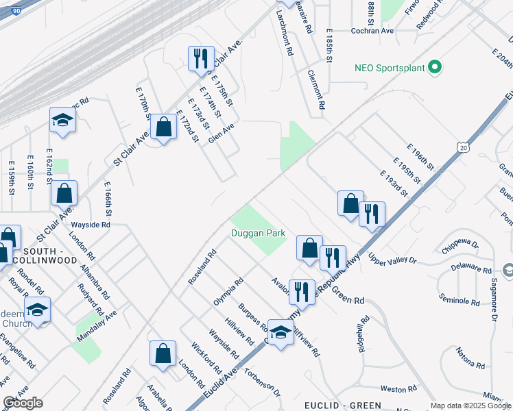 map of restaurants, bars, coffee shops, grocery stores, and more near 1614 Catalpa Road in Cleveland