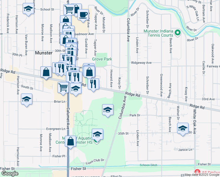 map of restaurants, bars, coffee shops, grocery stores, and more near 1101 Ridge Road in Munster