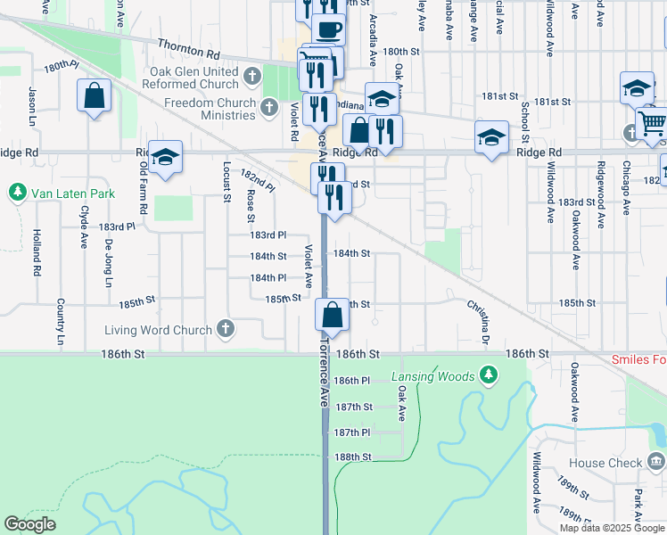 map of restaurants, bars, coffee shops, grocery stores, and more near 18418 Glen Oak Avenue in Lansing