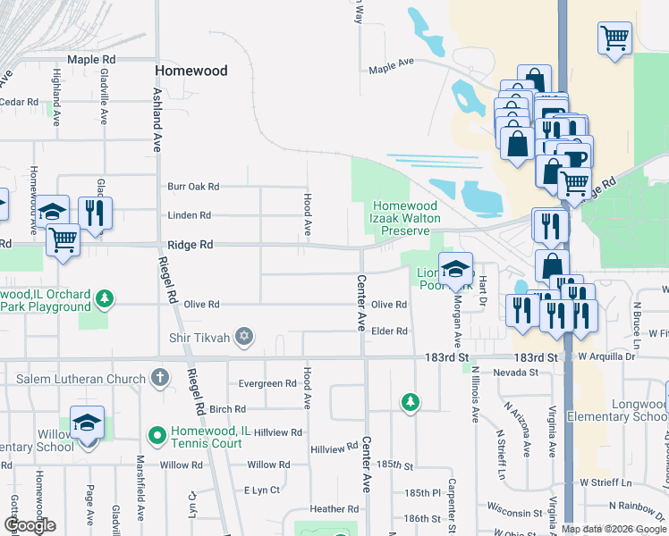 map of restaurants, bars, coffee shops, grocery stores, and more near 1252 Hickory Road in Homewood